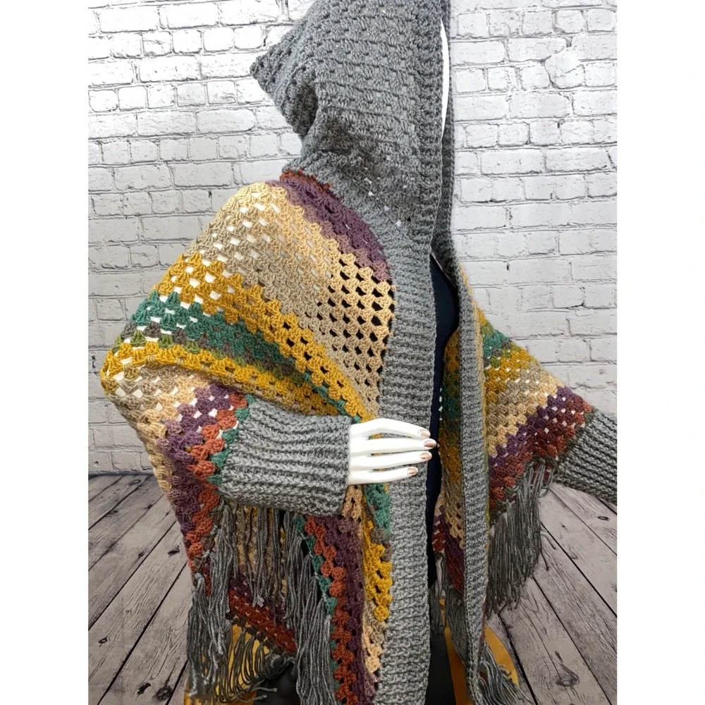 Handmade Crochet Hooded Shawl Wrap Multicolor Striped Fringe Boho Cardigan Gray